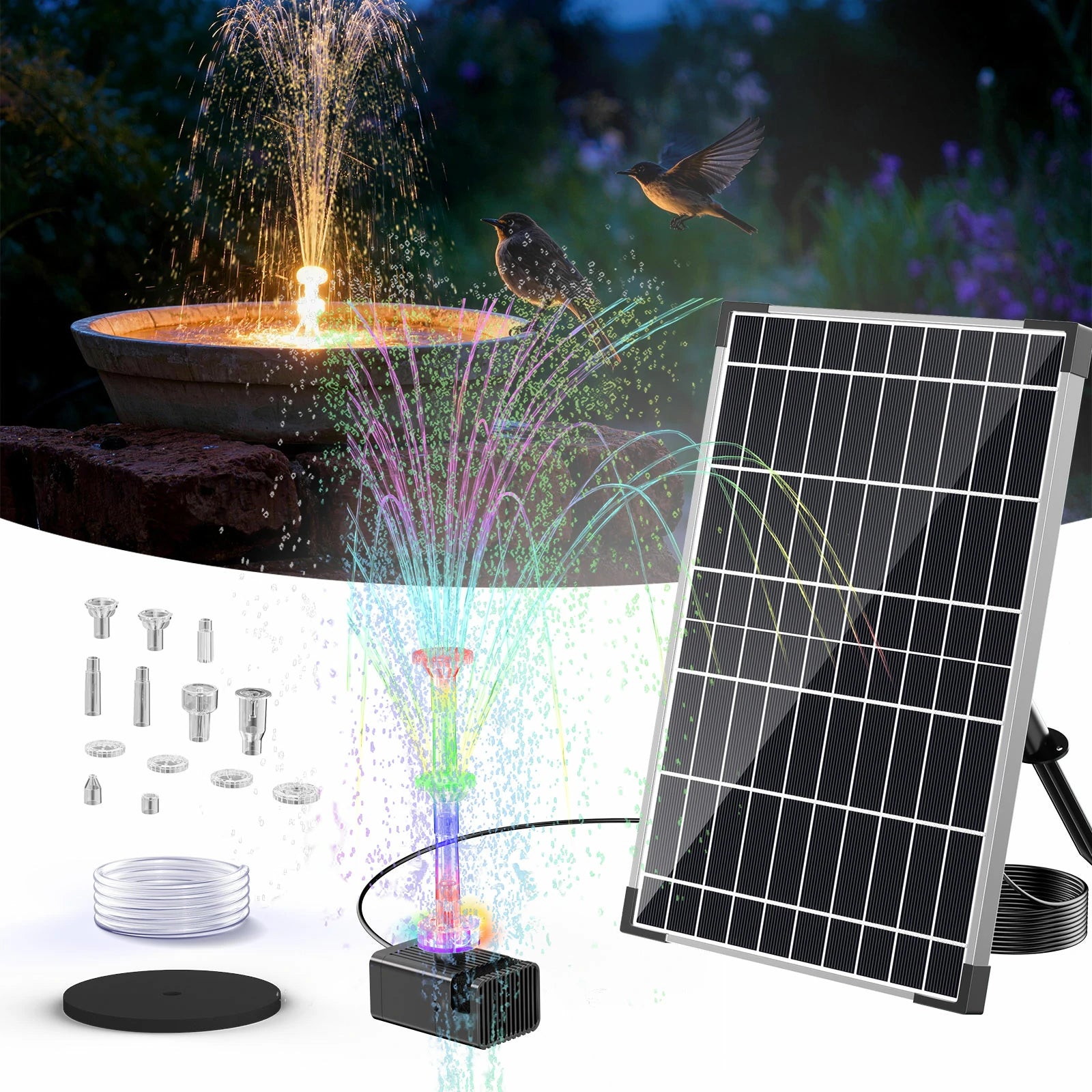 Pompe de fontaine solaire 12 W avec batterie et éclairage