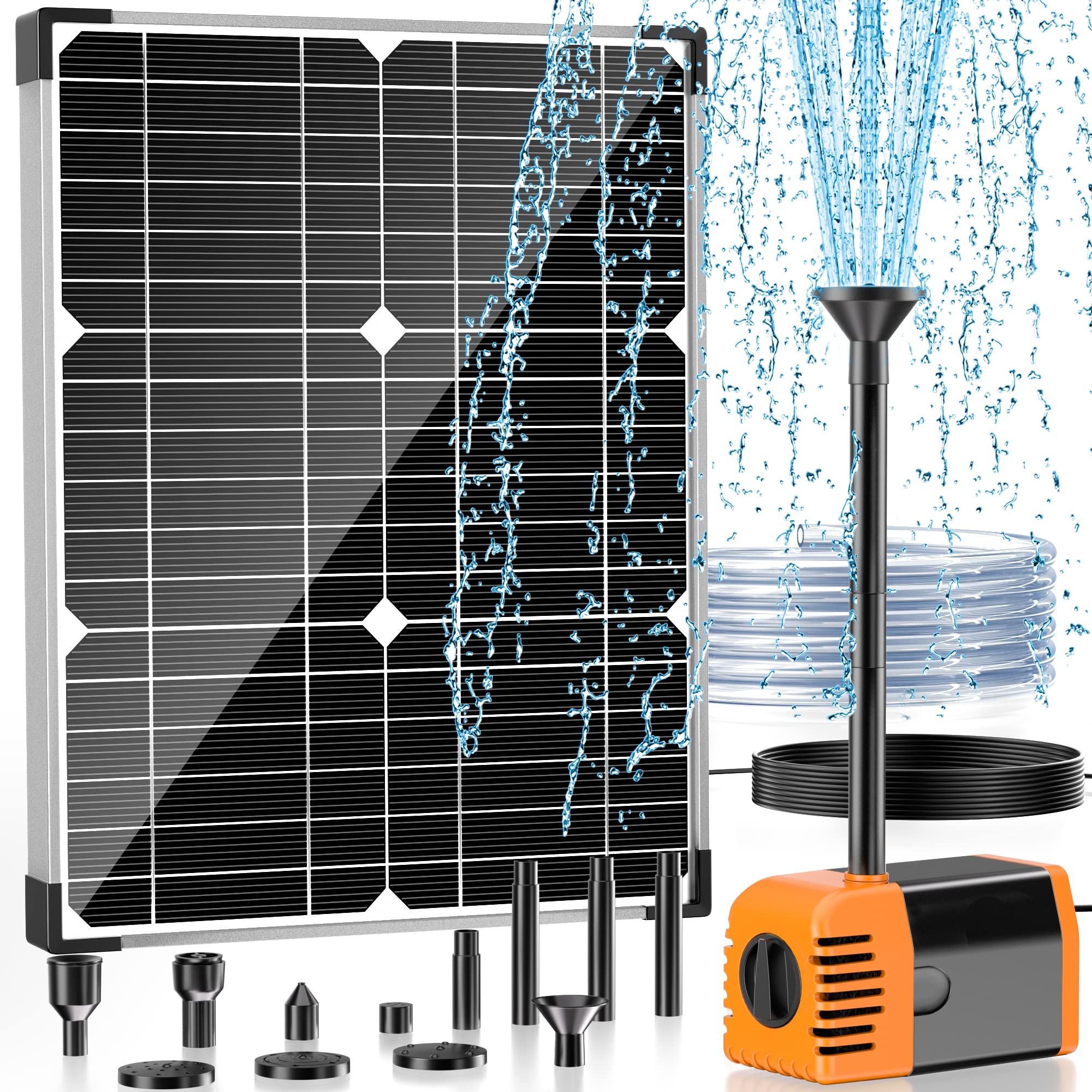 20W Solar Water Fountain Pump - 320GPH Adjustable Flow, 7 Sprayers (Orange)