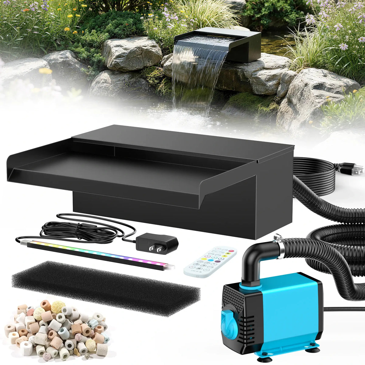 40W 660GPH Electric Waterfall Pump Kit with 12" Spillway & Light
