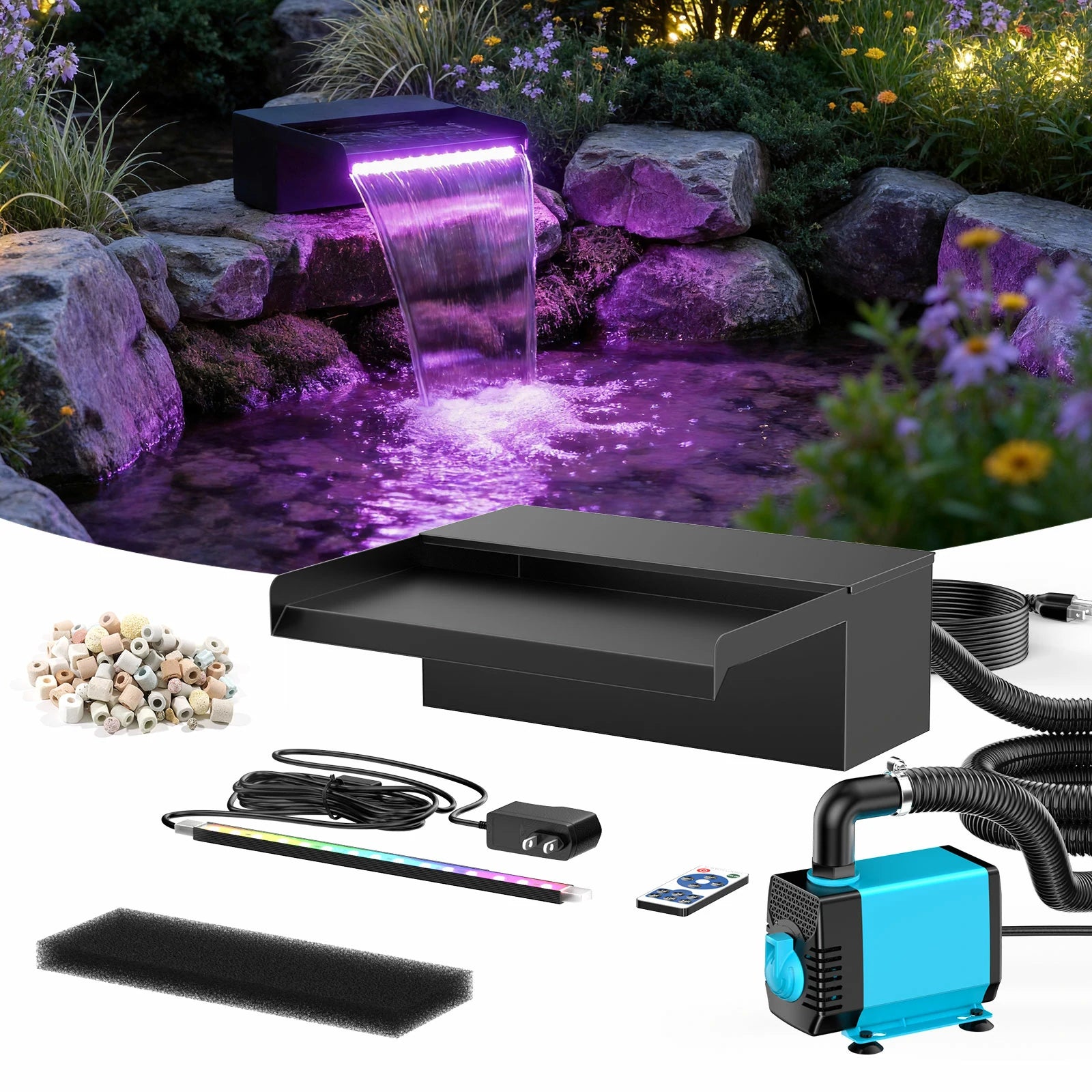 40W 660GPH Waterfall Pump Kit with 12" Spillway & Light
