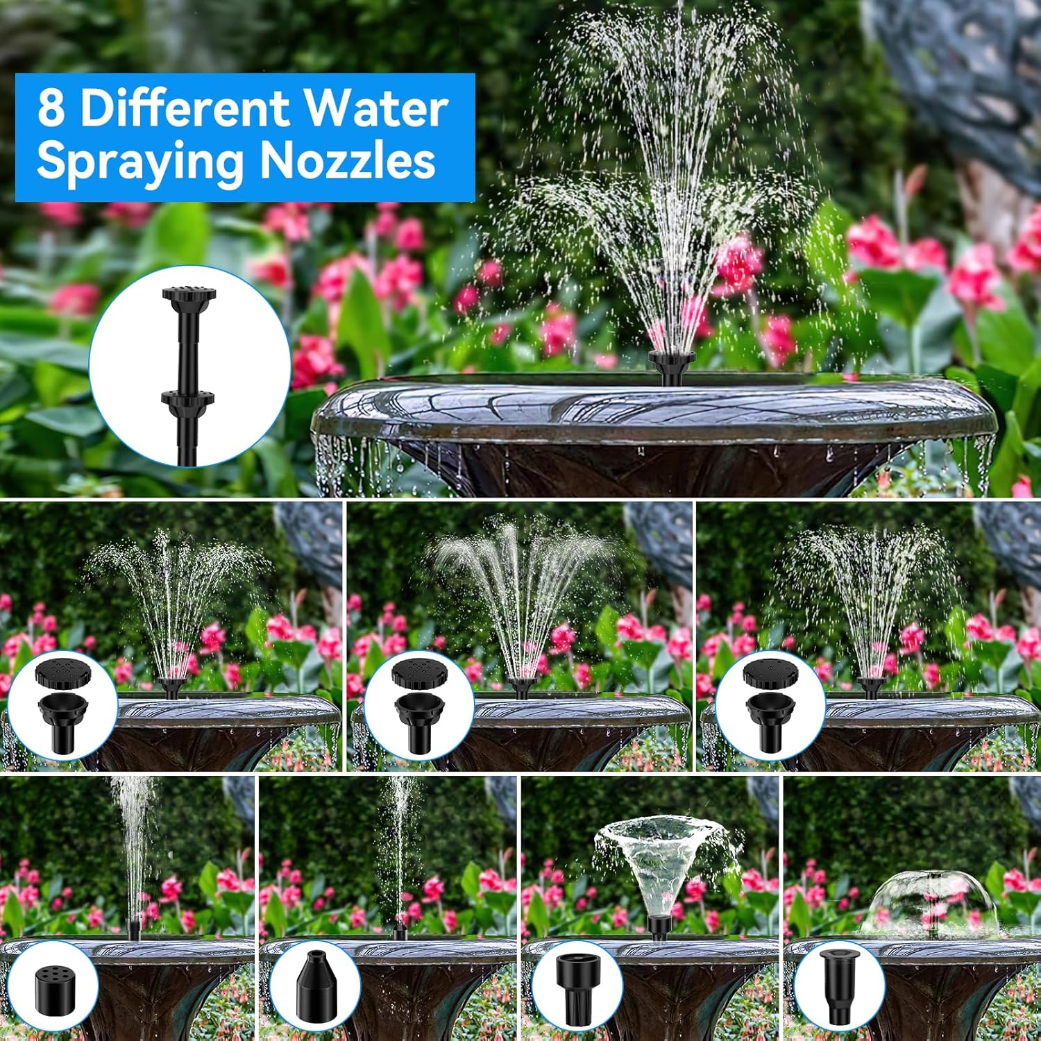 6.5W Solar Water Fountain Pump - Built-in 2400mAh Battery, 80GPH, 8 Different Sprayers