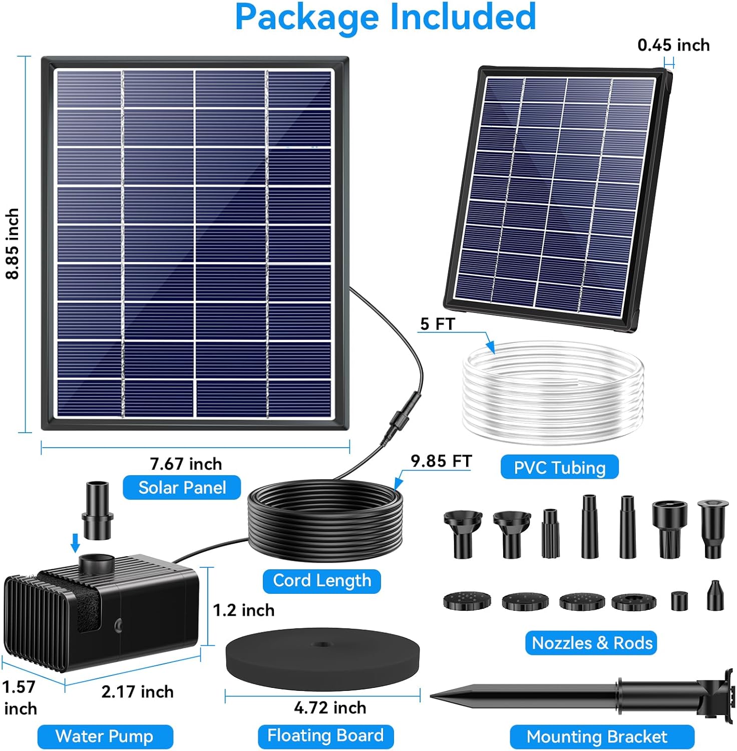 6.5W Solar Water Fountain Pump - Built-in 2400mAh Battery, 80GPH, 8 Different Sprayers Package Included