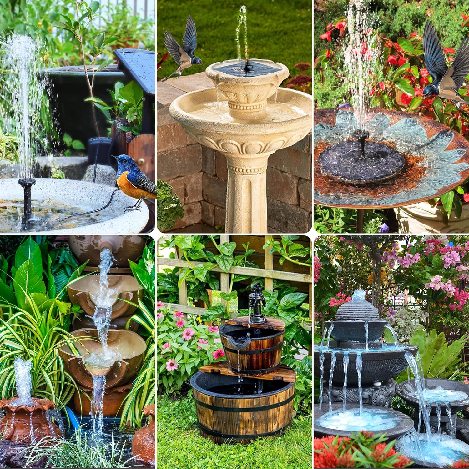 6W Solar Water Fountain Pump - 60GPH, 5 Various Nozzles Package Included