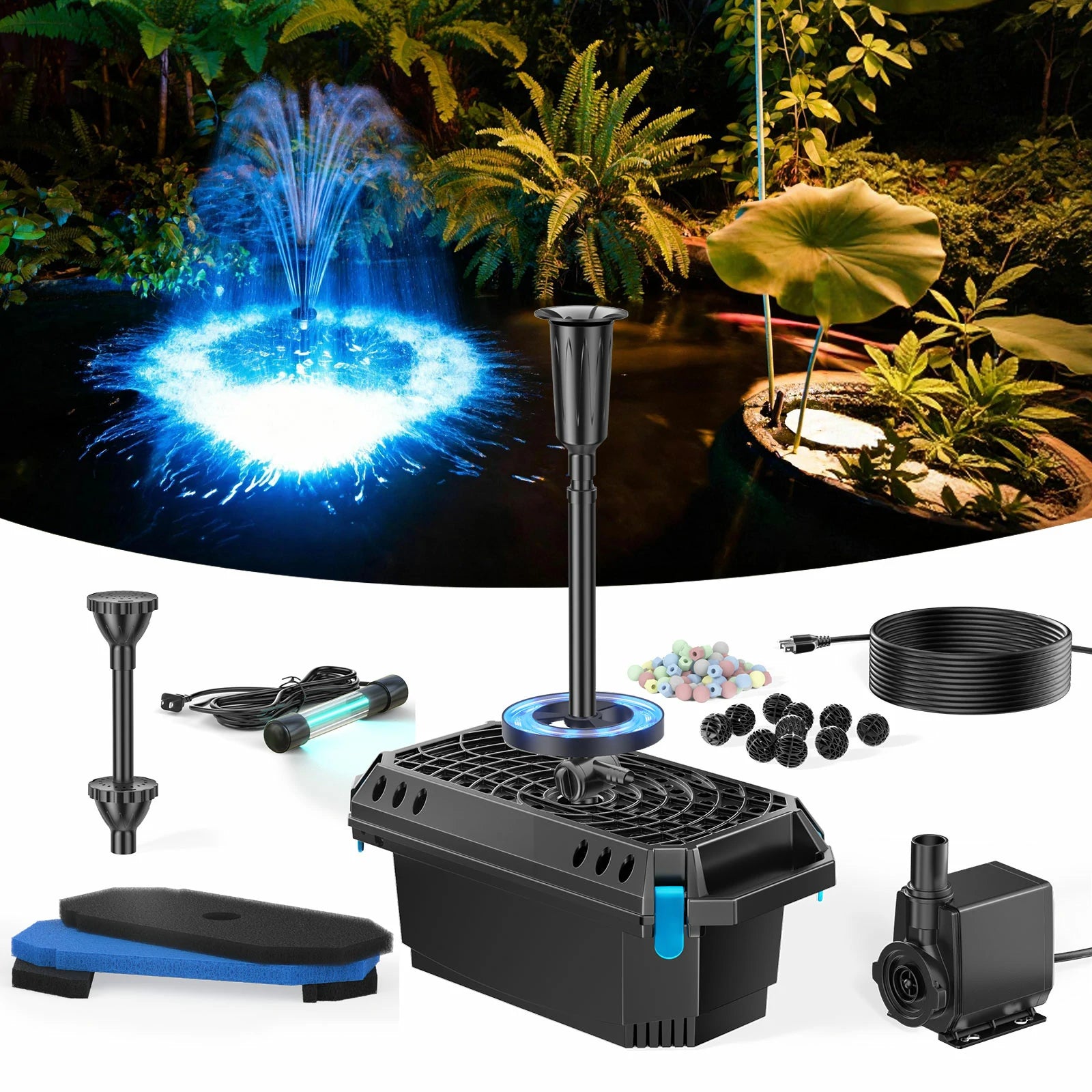 PF360 40W 660GPH Pond Filter Fountain with Light (UV Light & Remote Control)
