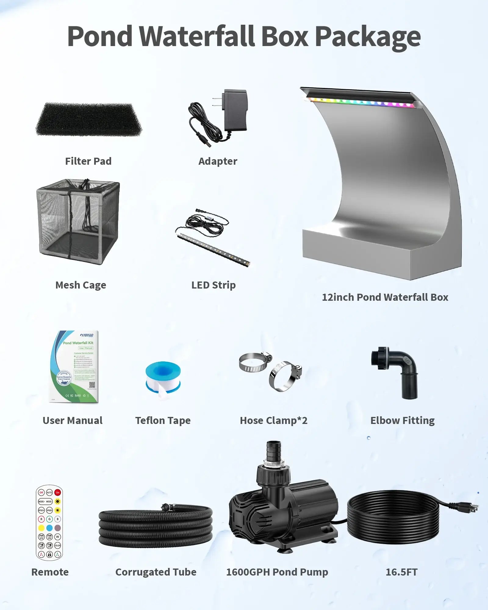 65W 1600GPH Waterfall Pump Kit with 12" C-Shaped Spillway & Light