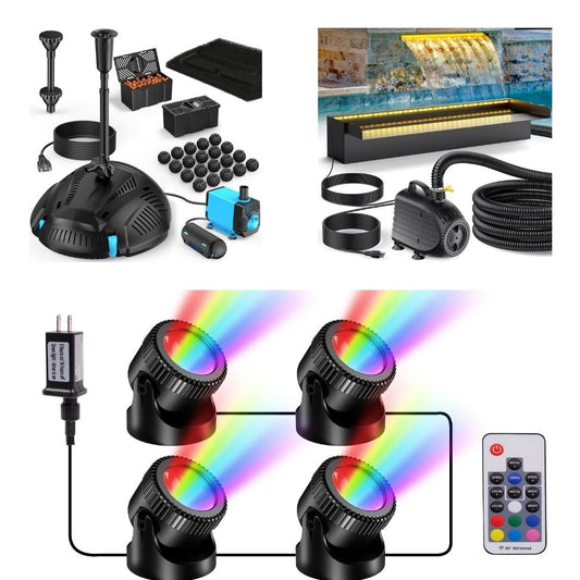 Ensemble de décoration pour bassin 5 pi x 5 pi | Filtre, cascade et éclairage 3 en 1