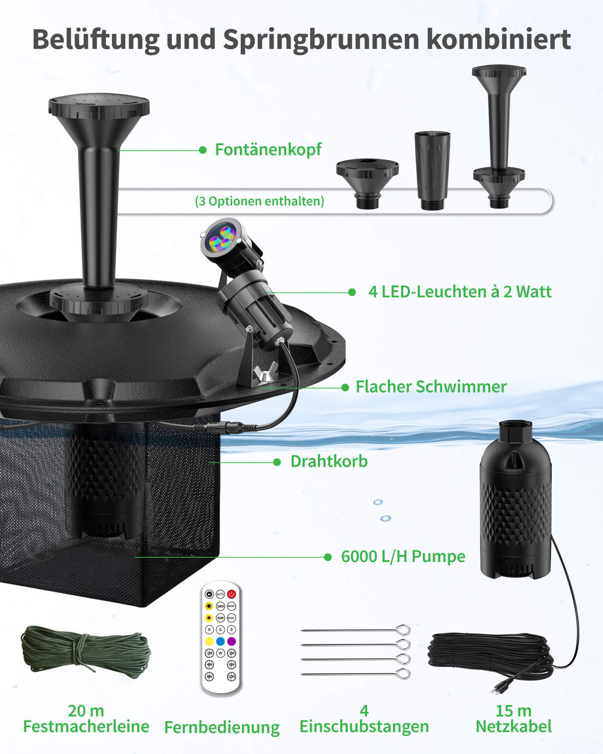 Fontaine de bassin flottante & aération 6000 l/h, kit complet
