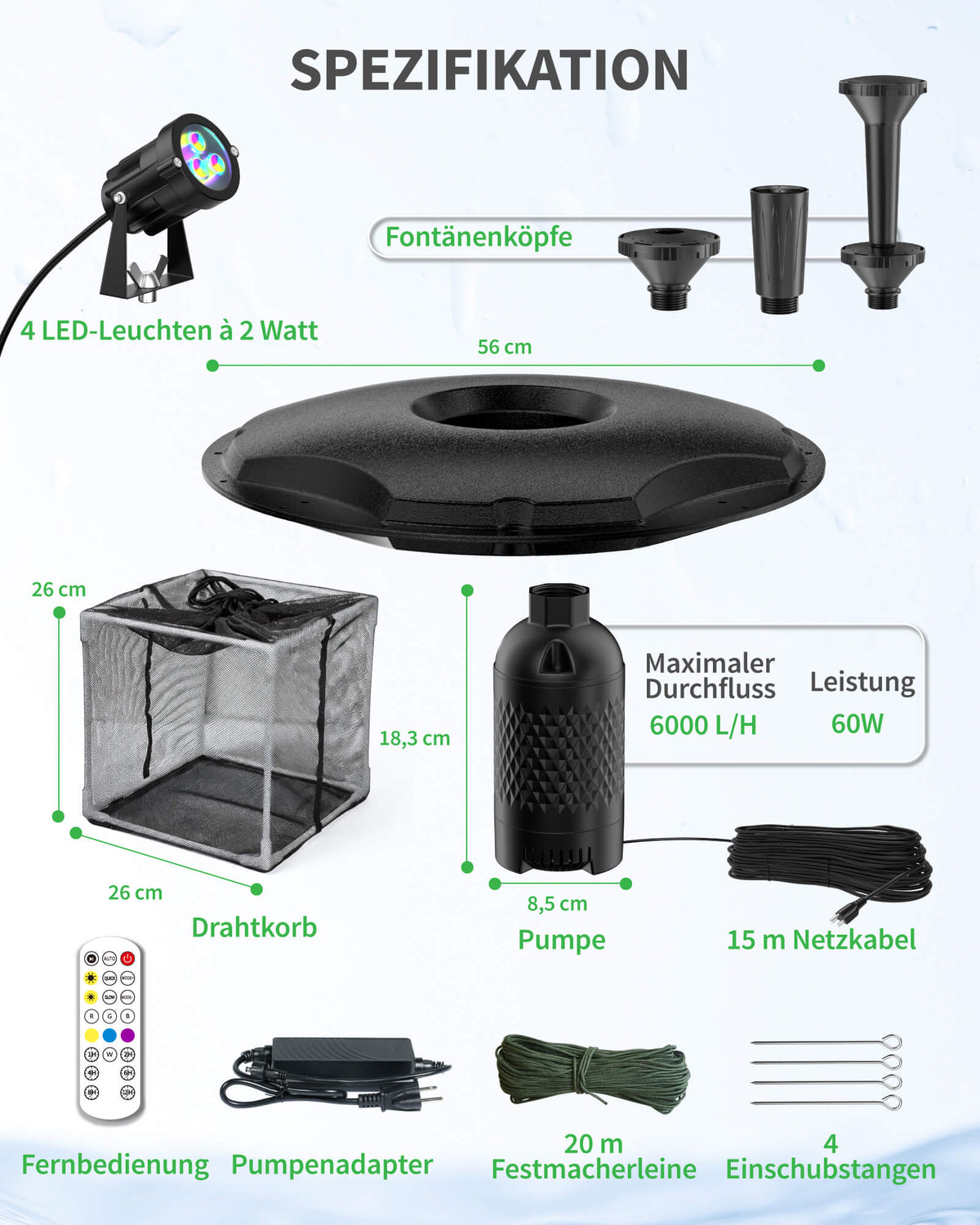 Fontaine de bassin flottante & aération 6000 l/h, kit complet
