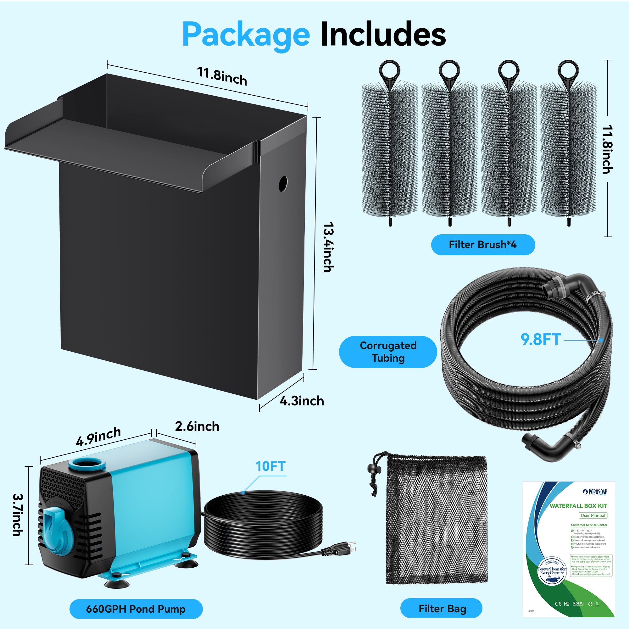 Kit de pompe électrique pour cascade 40 W 660 GPH avec déversoir de 12" x 13,4"