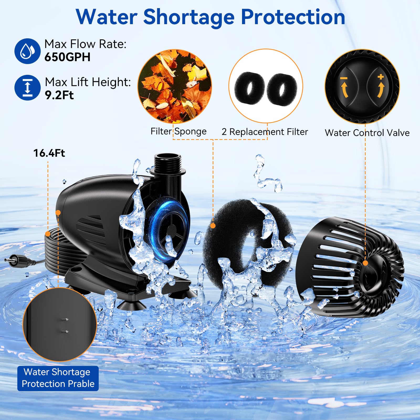 Kit de pompe solaire cascade 55 W 580 GPH avec déversoir 8" x 13,4"