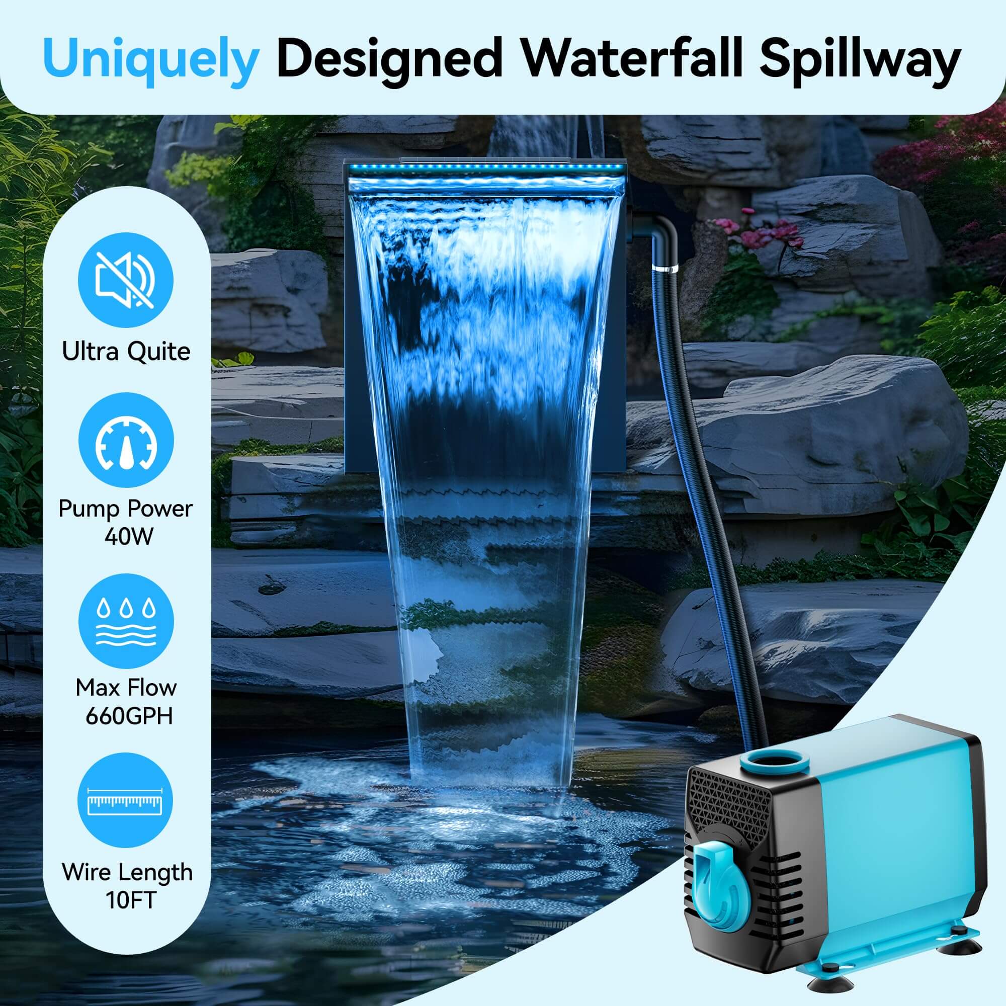 40W 660GPH Electric Waterfall Pump Kit with 12"x13.4" Spillway (LED)