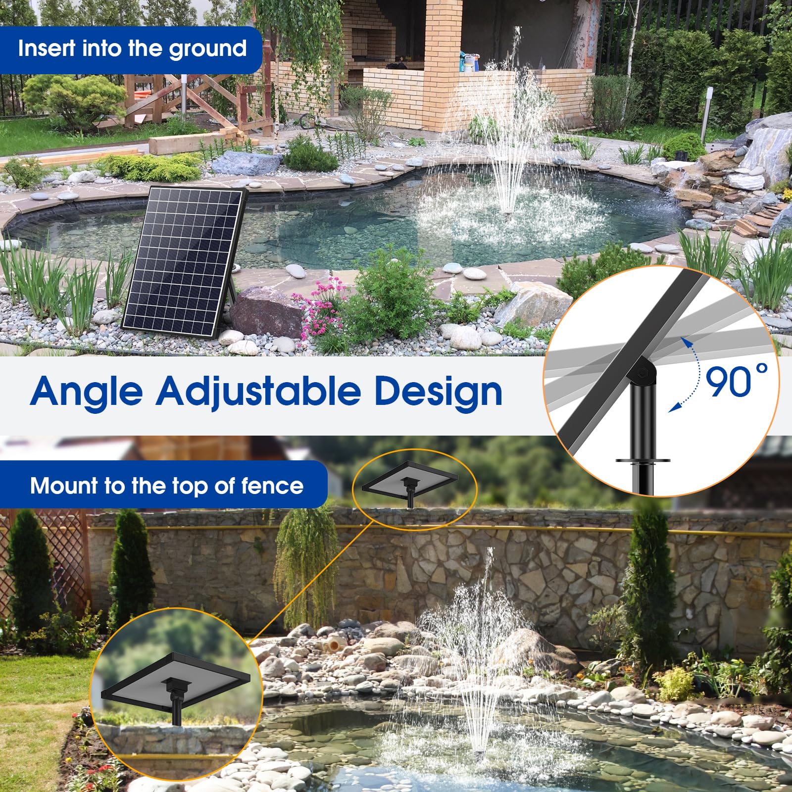 Pompe solaire pour fontaine à eau 25 W 320 GPH avec batterie de secours de 2600 mAh