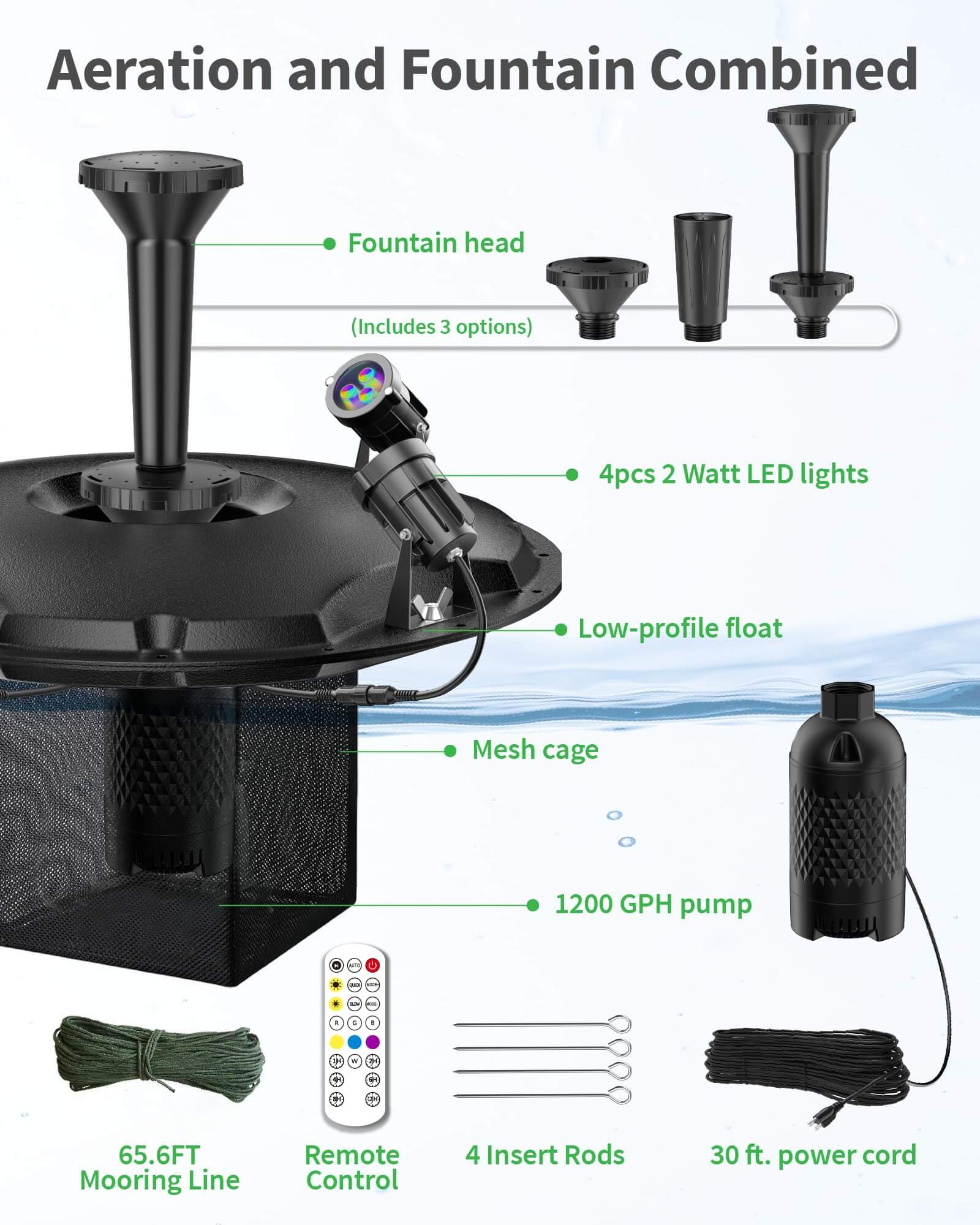 45W 1200GPH Floating Fountain with LED Light