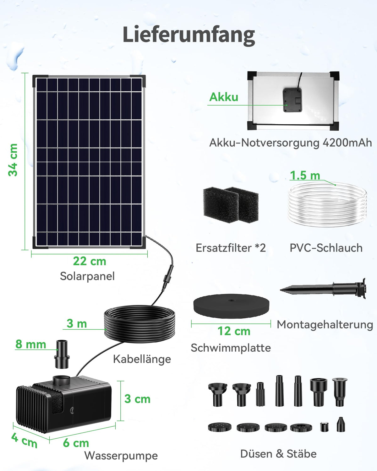 Pompe de fontaine solaire 12 W avec batterie, fonctionnement jour et nuit