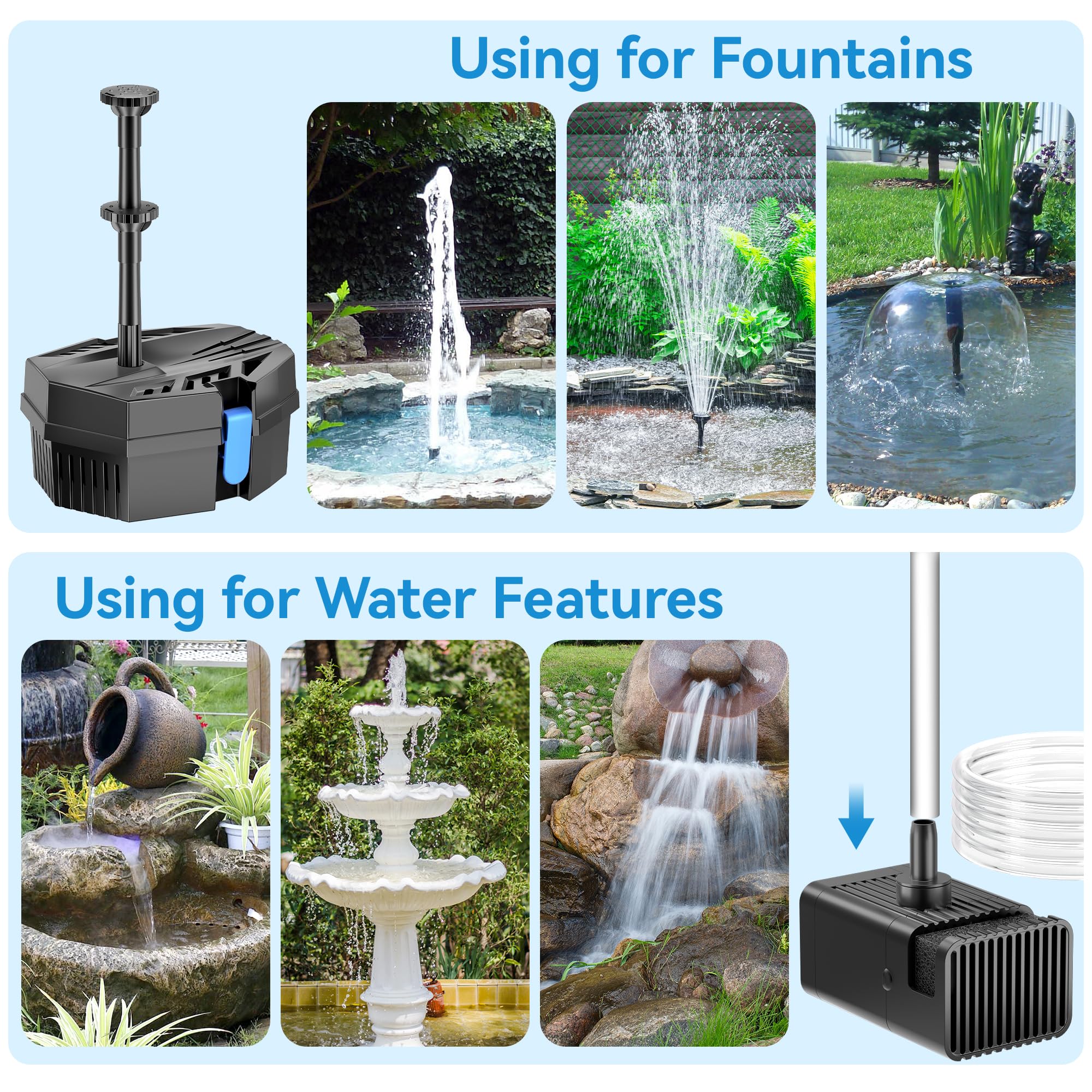 Fontaine solaire filtrante pour bassin P3081D 8W 80GPH avec batterie de secours de 3000 mAh