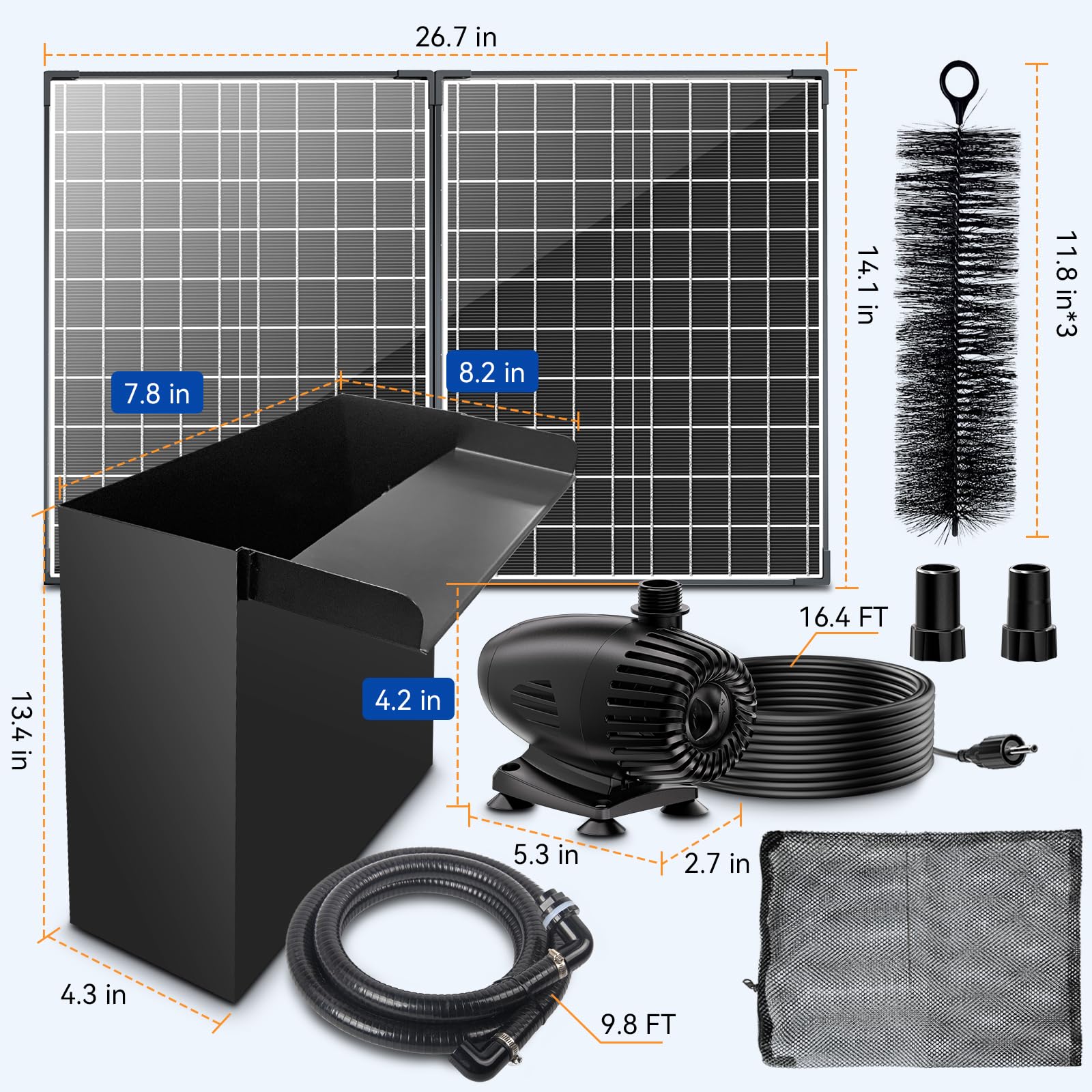 Kit de pompe solaire cascade 55 W 580 GPH avec déversoir 8" x 13,4"