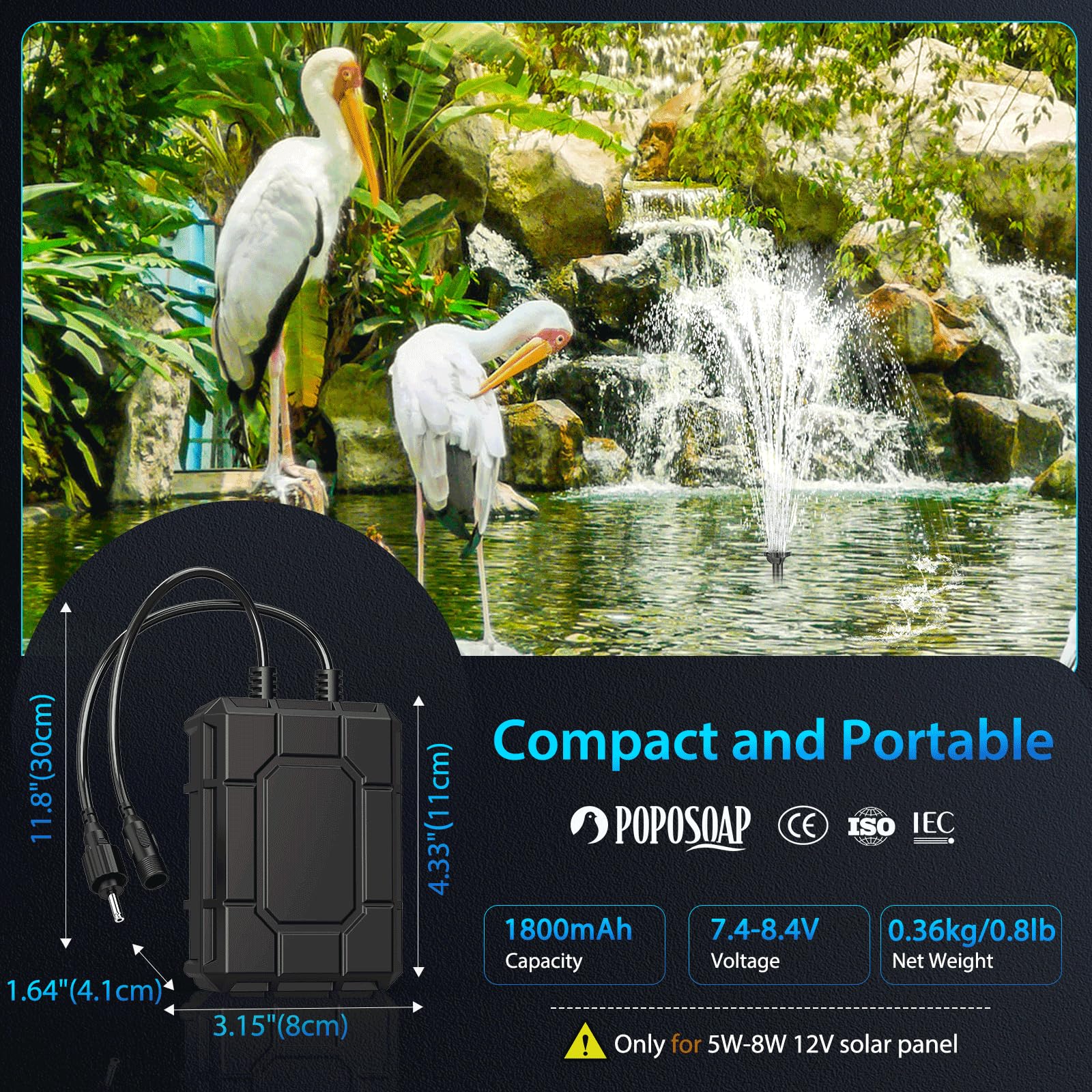 Batterie de secours 1800 mAh pour pompe de fontaine solaire 6 W/6,5 W/8 W