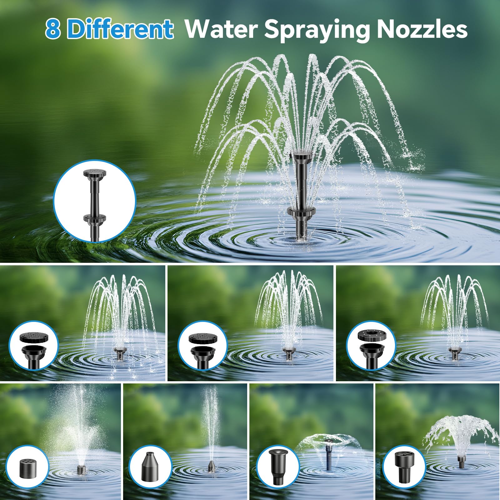 Fontaine solaire filtrante pour bassin P3081D 8W 80GPH avec batterie de secours de 3000 mAh