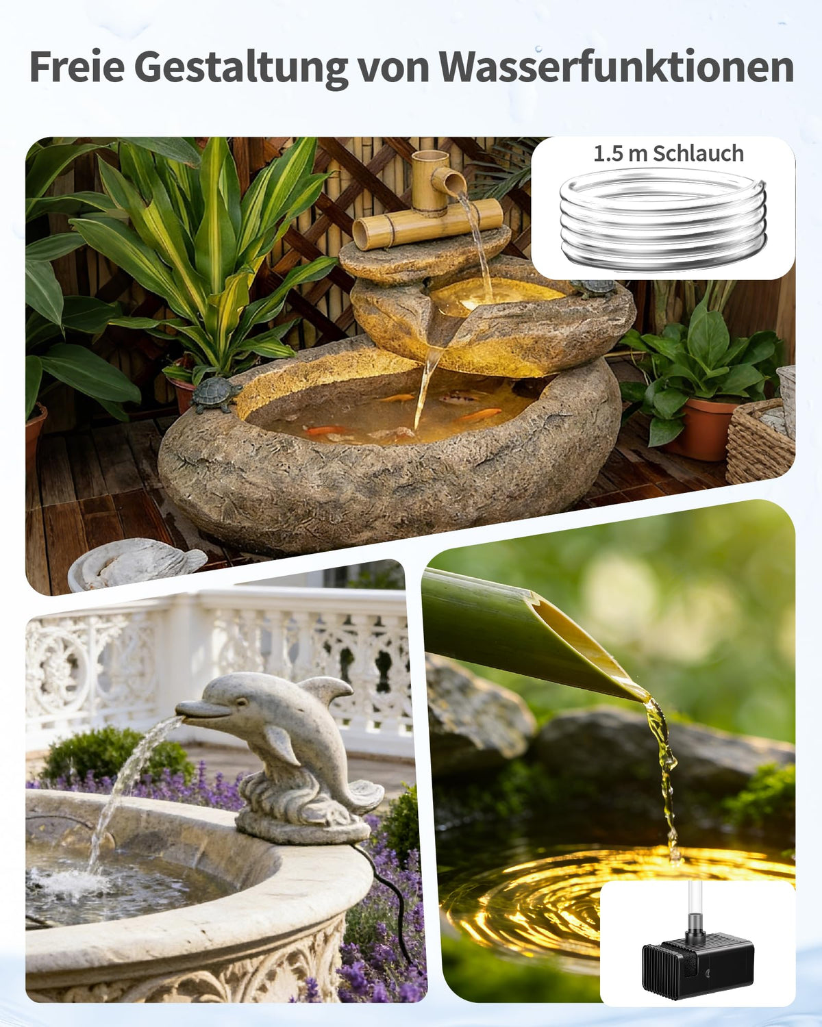 Pompe de fontaine solaire 12 W avec batterie, fonctionnement jour et nuit