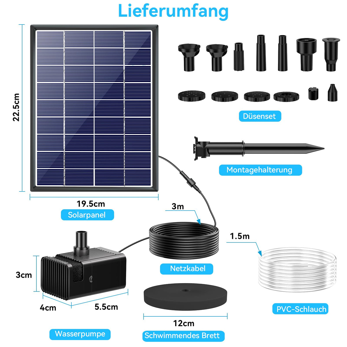 Pompe de fontaine solaire 6,5 W pour bain d'oiseaux avec batterie
