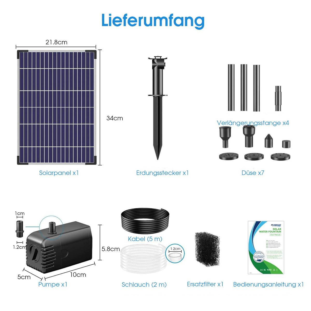 Pompe de fontaine solaire 12 W, 600 l/h