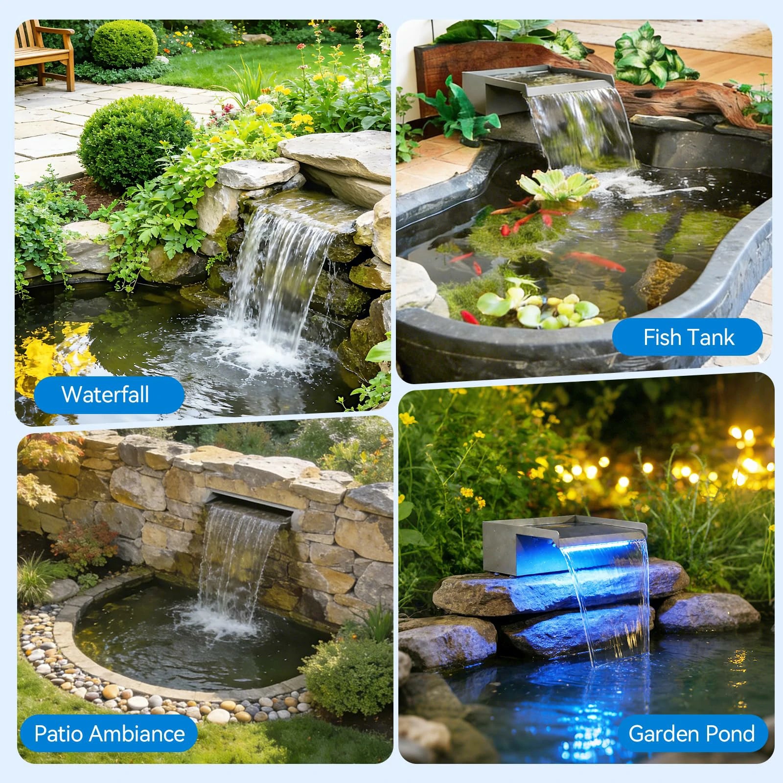 40W 660GPH Waterfall Pump Kit with 12" Spillway & Pond Filter (LED)