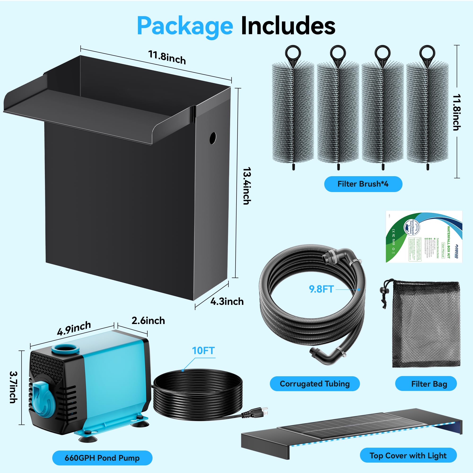 Kit de pompe électrique pour cascade 40 W 660 GPH avec déversoir 12" x 13,4" (LED)