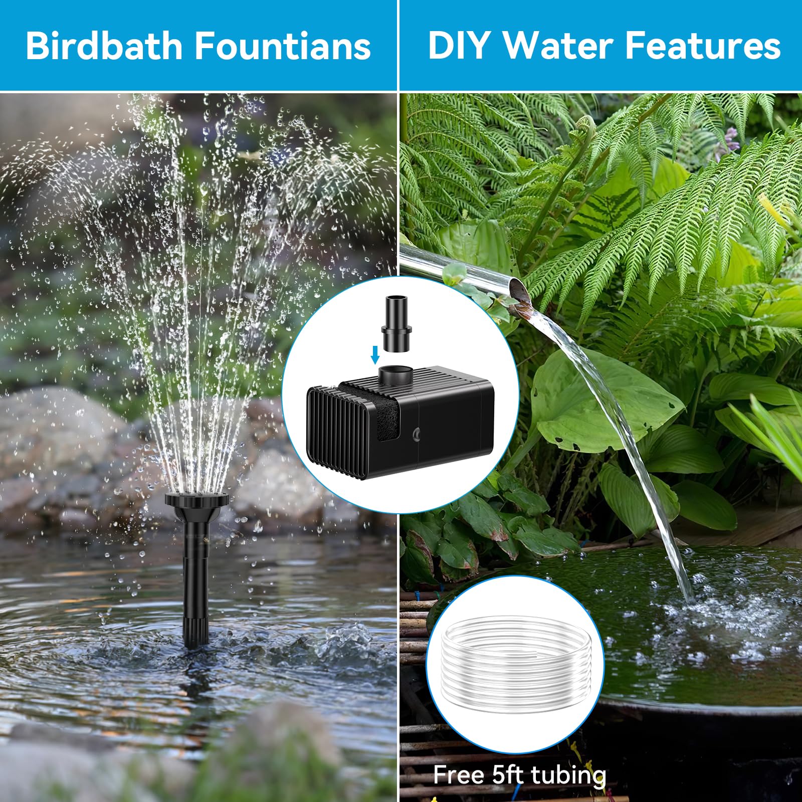Pompe solaire pour fontaine et bain d'oiseaux 8W 80GPH avec batterie 3000mAh