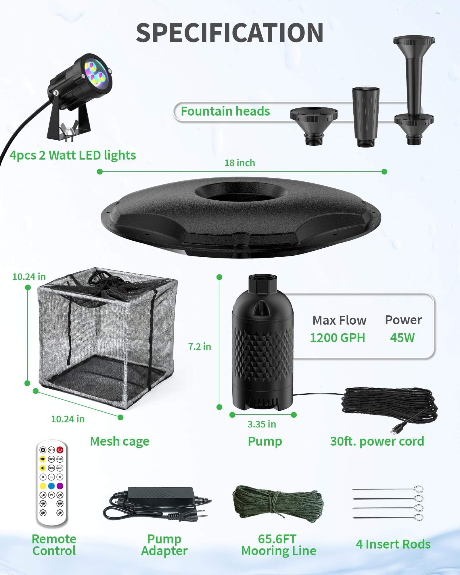 45W 1200GPH Floating Fountain with LED Light