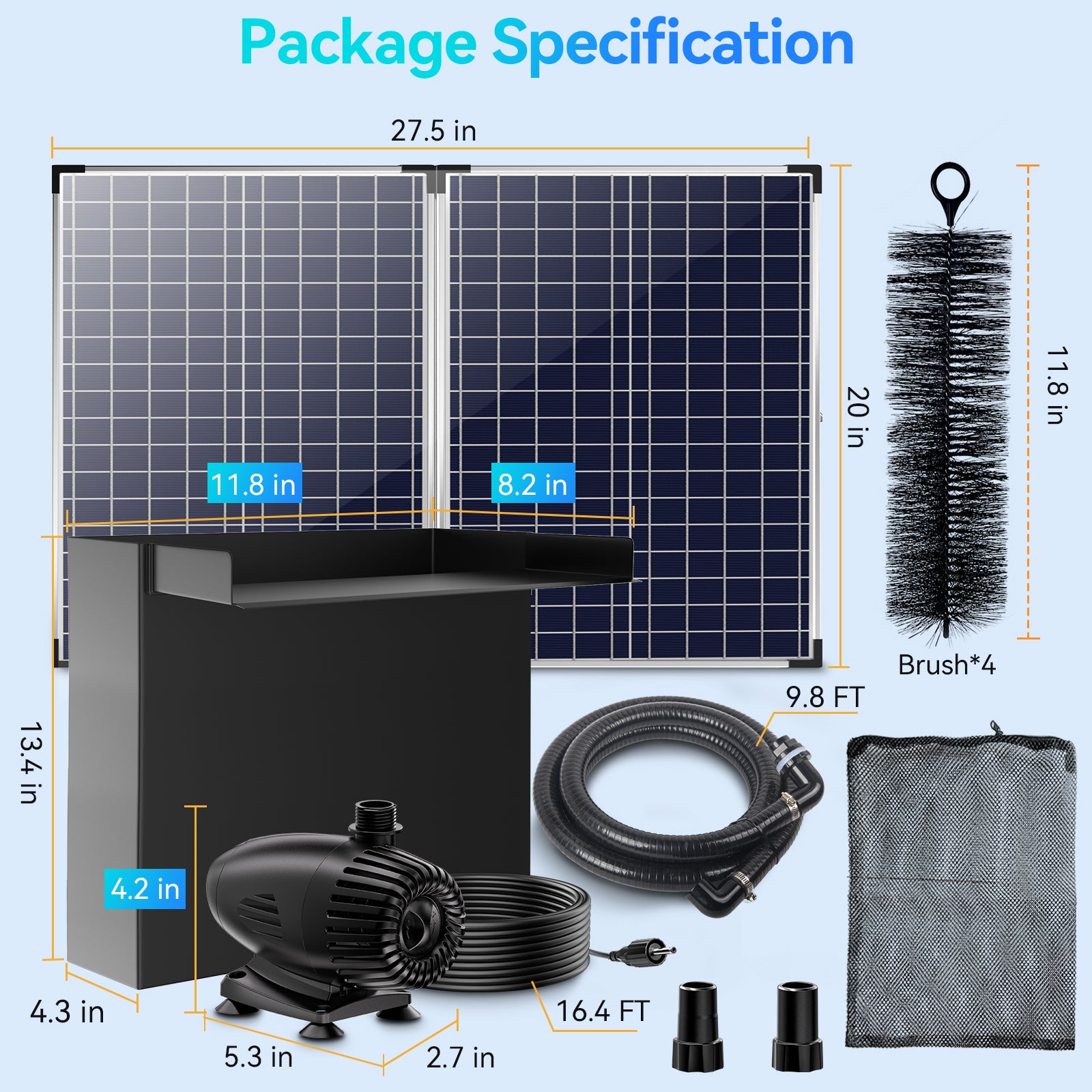 Kit de pompe solaire cascade 70 W 580 GPH avec déversoir 12" x 13,4"