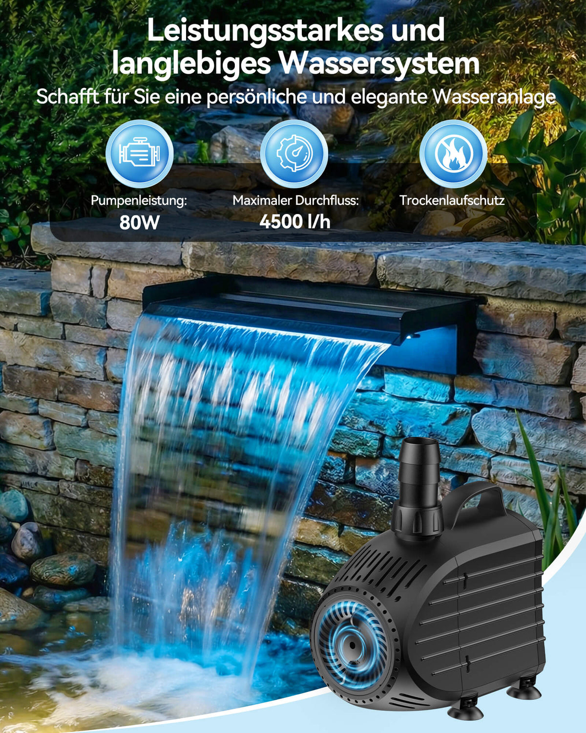 Kit de pompe pour cascade avec bec de 60 cm et éclairage