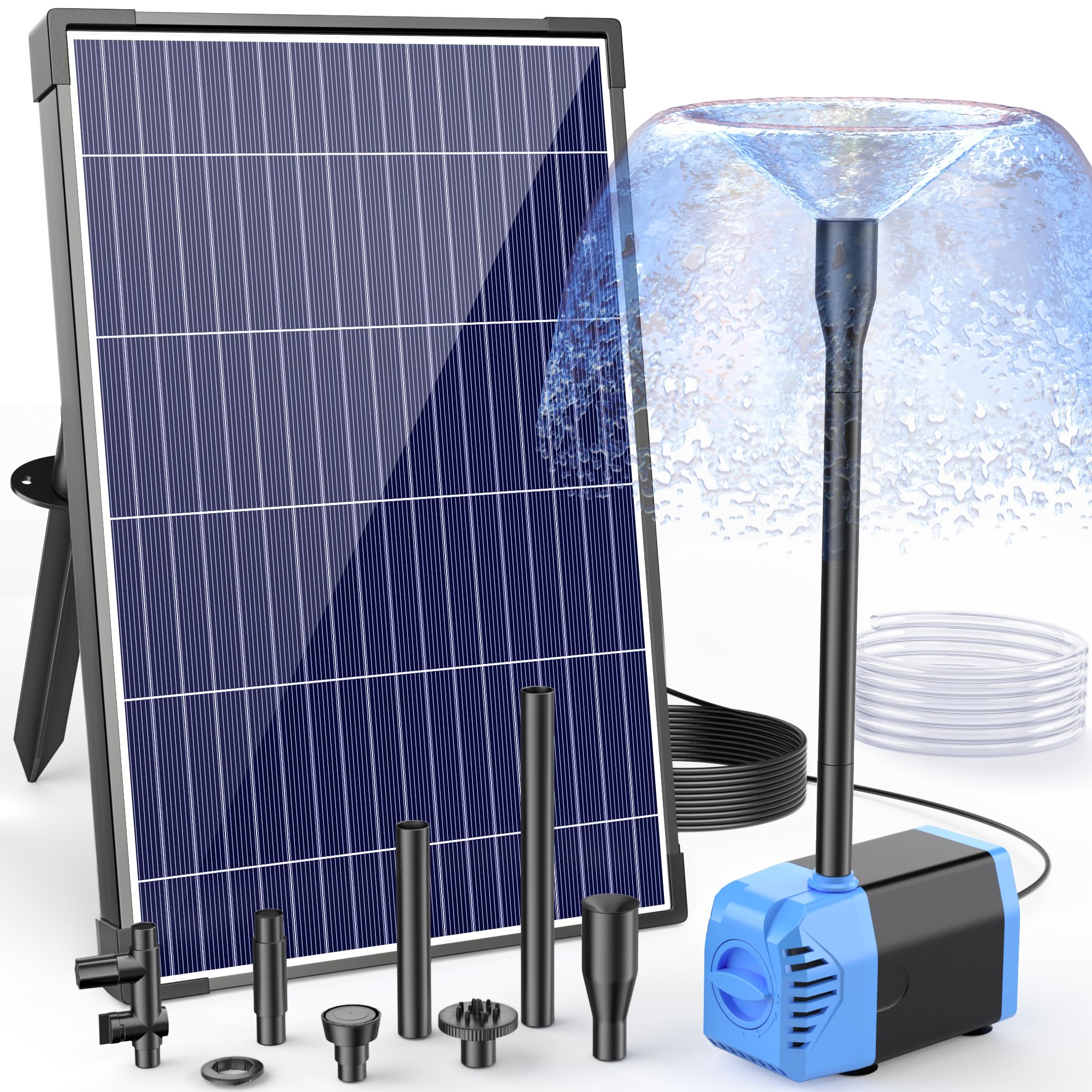 12W Solar Water Fountain Pump - 160GPH Adjustable Flow, 4 Sprayers, Black