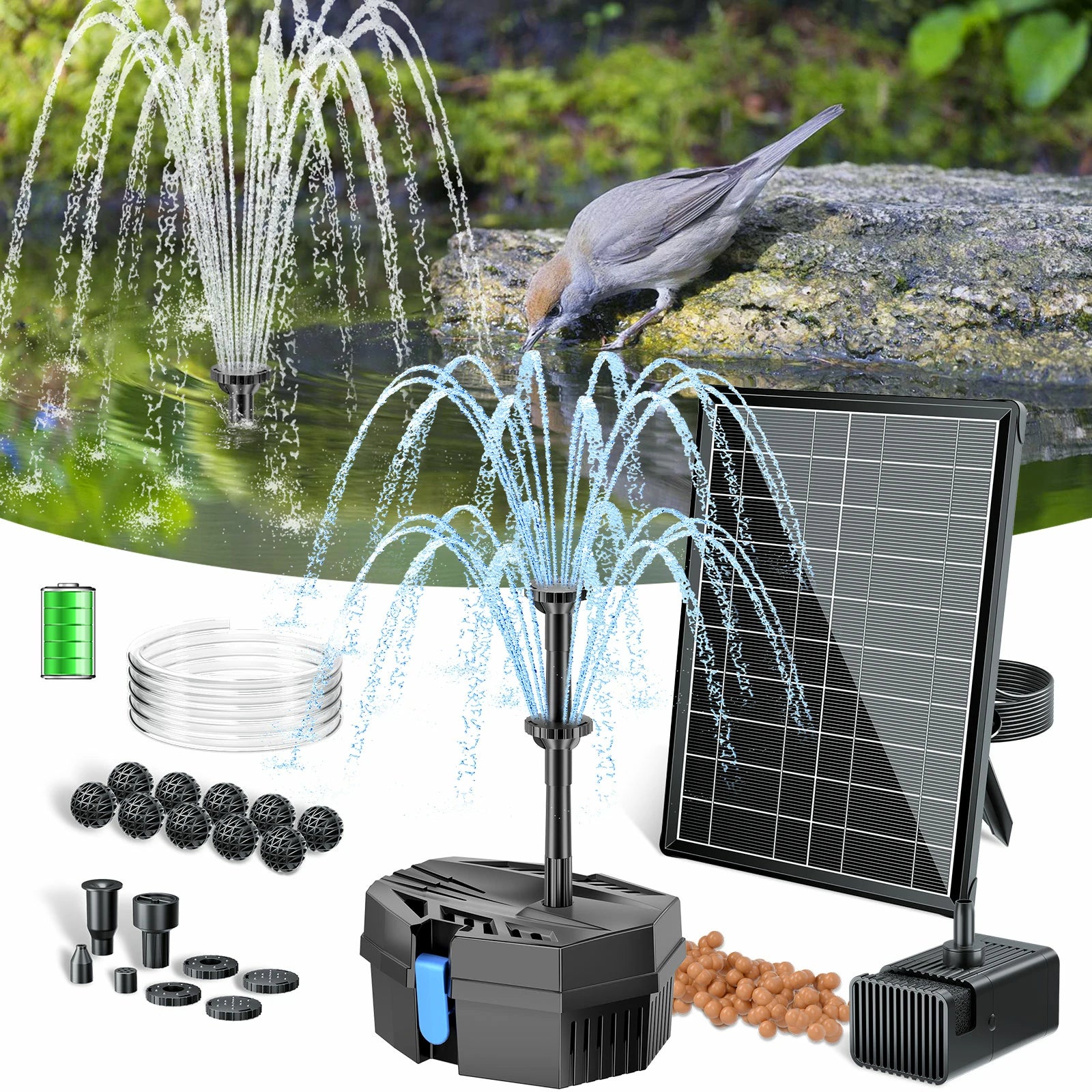 Fontaine solaire filtrante pour bassin P3081D 8W 80GPH avec batterie de secours de 3000 mAh