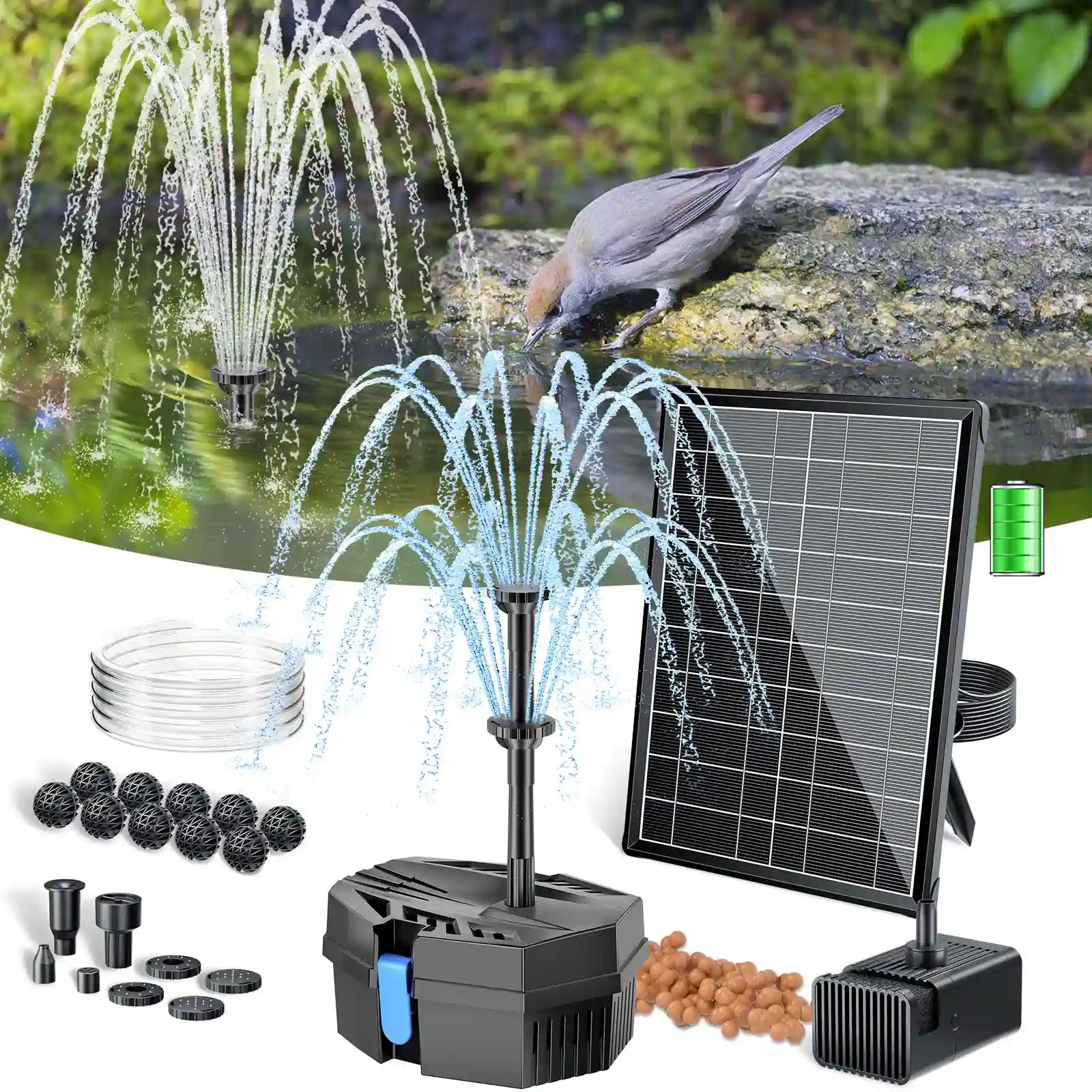 Fontaine solaire filtrante pour bassin P3081D 8W 80GPH avec batterie de secours de 3000 mAh
