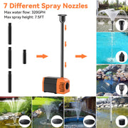 20W 320GPH Multiple Protection Fountain Pump  with 7 different spray nozzles