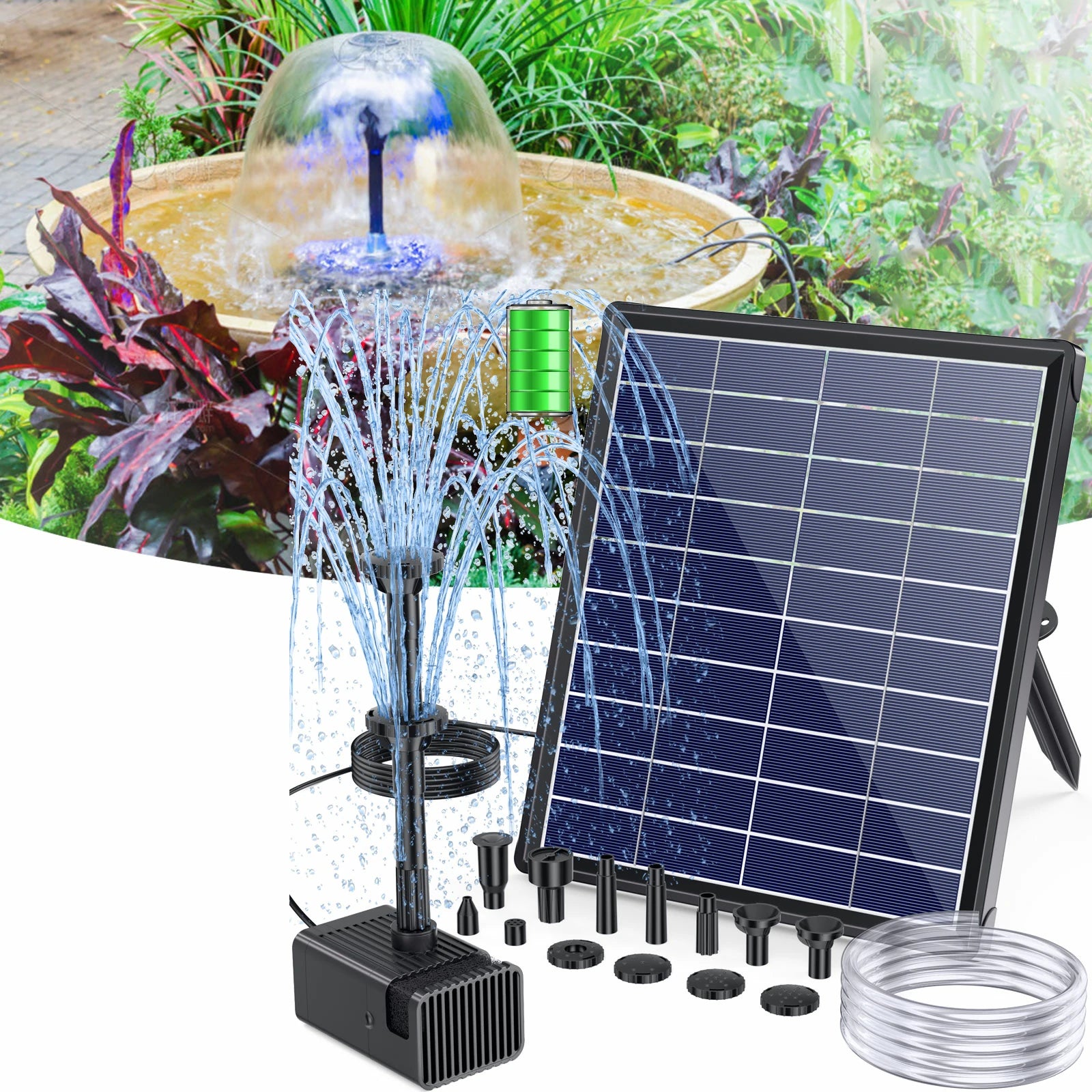 Pompe solaire pour fontaine et bain d'oiseaux 6,5 W, débit 80 GPH, batterie 2400 mAh 