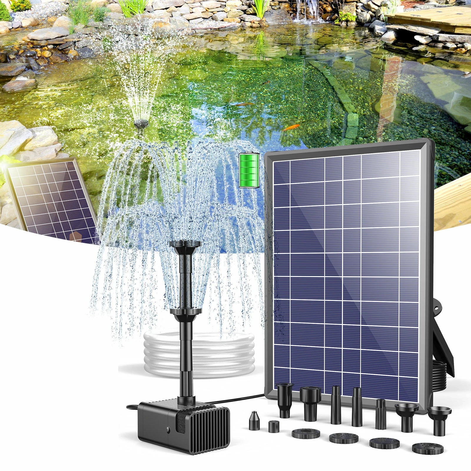 Pompe solaire pour fontaine et bain d'oiseaux 8W 80GPH avec batterie 3000mAh 