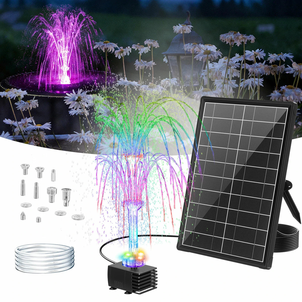 Pompe de fontaine solaire 8 W avec batterie et éclairage
