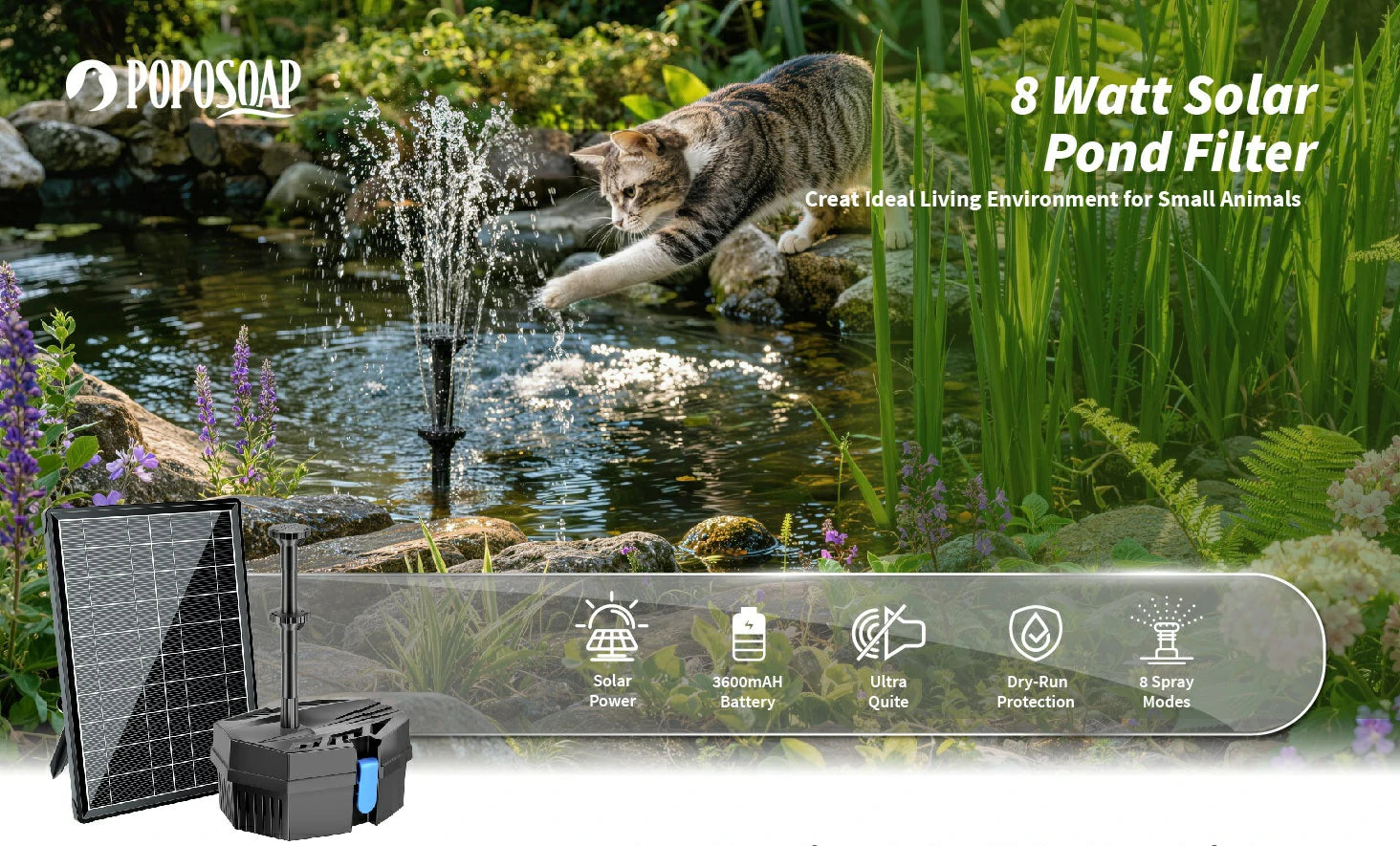 Fontaine solaire filtrante pour bassin P3081D 8W 80GPH avec batterie de secours de 3000 mAh