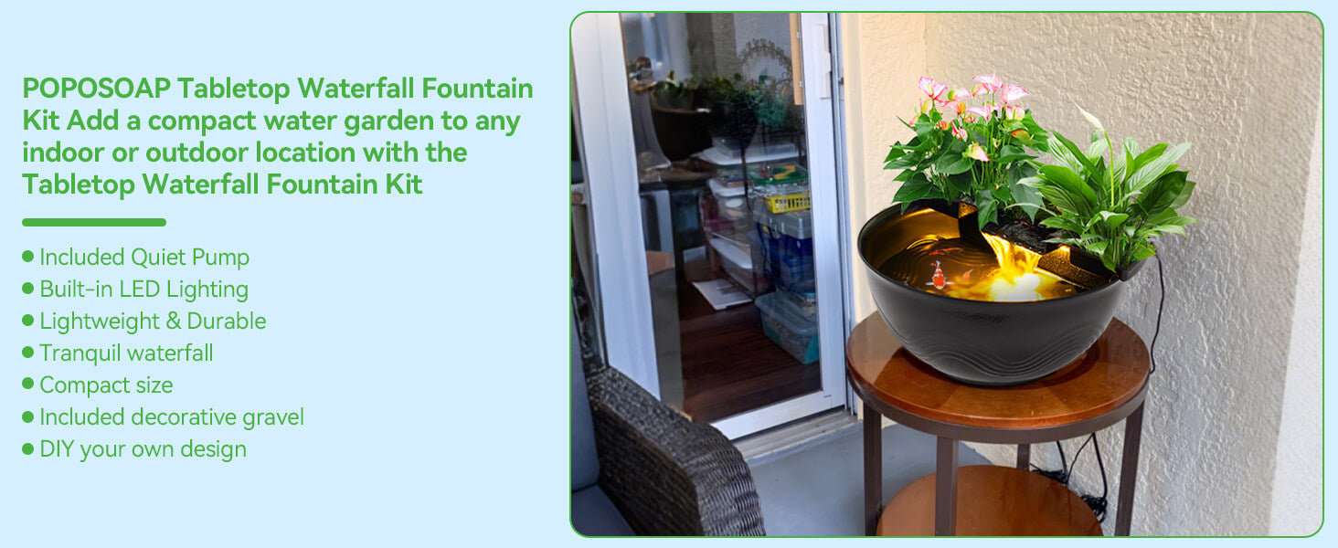 Mini Water Garden Pond Kit with Waterfall & LED Lighting