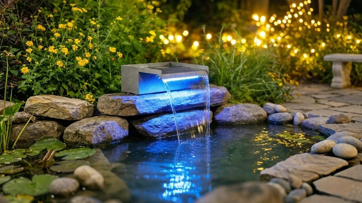 Solar bird bath fountain running in a garden with moving water