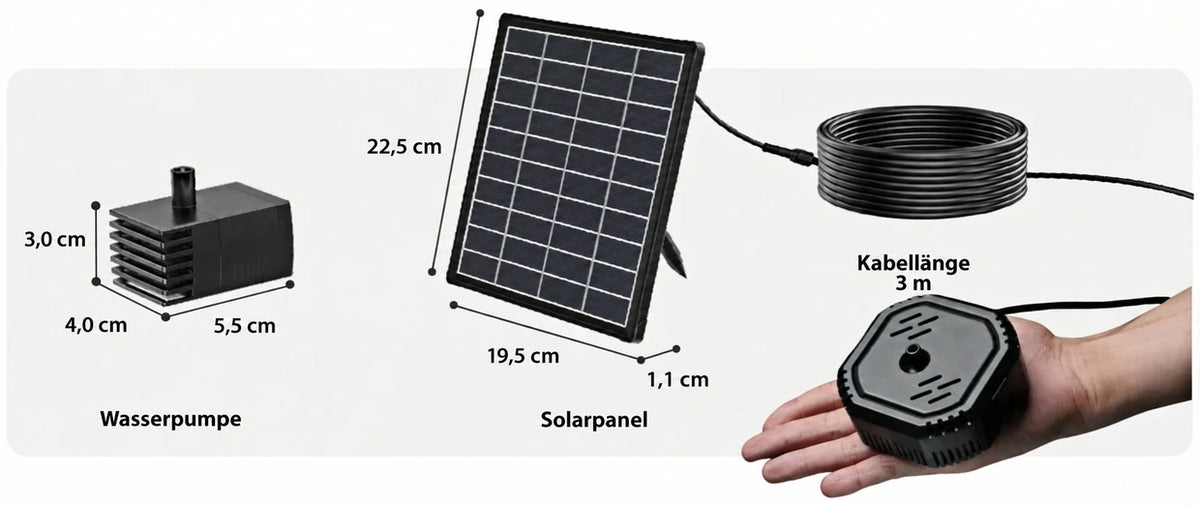 Spécifications du kit de fontaine solaire pour bain d'oiseaux POPOSOAP SPF100 avec pompe, panneau solaire, câble, tuyaux, billes en céramique, support et buses