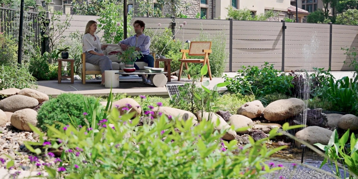 Garden pond in a landscaped backyard