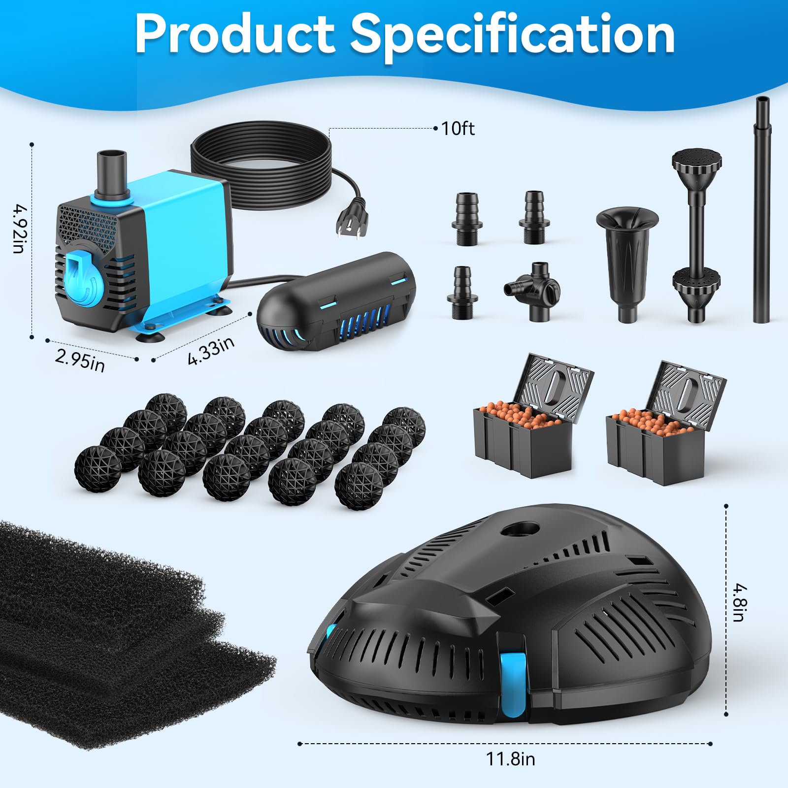 Ensemble de décoration pour bassin 5 pi x 5 pi | Filtre, cascade et éclairage 3 en 1