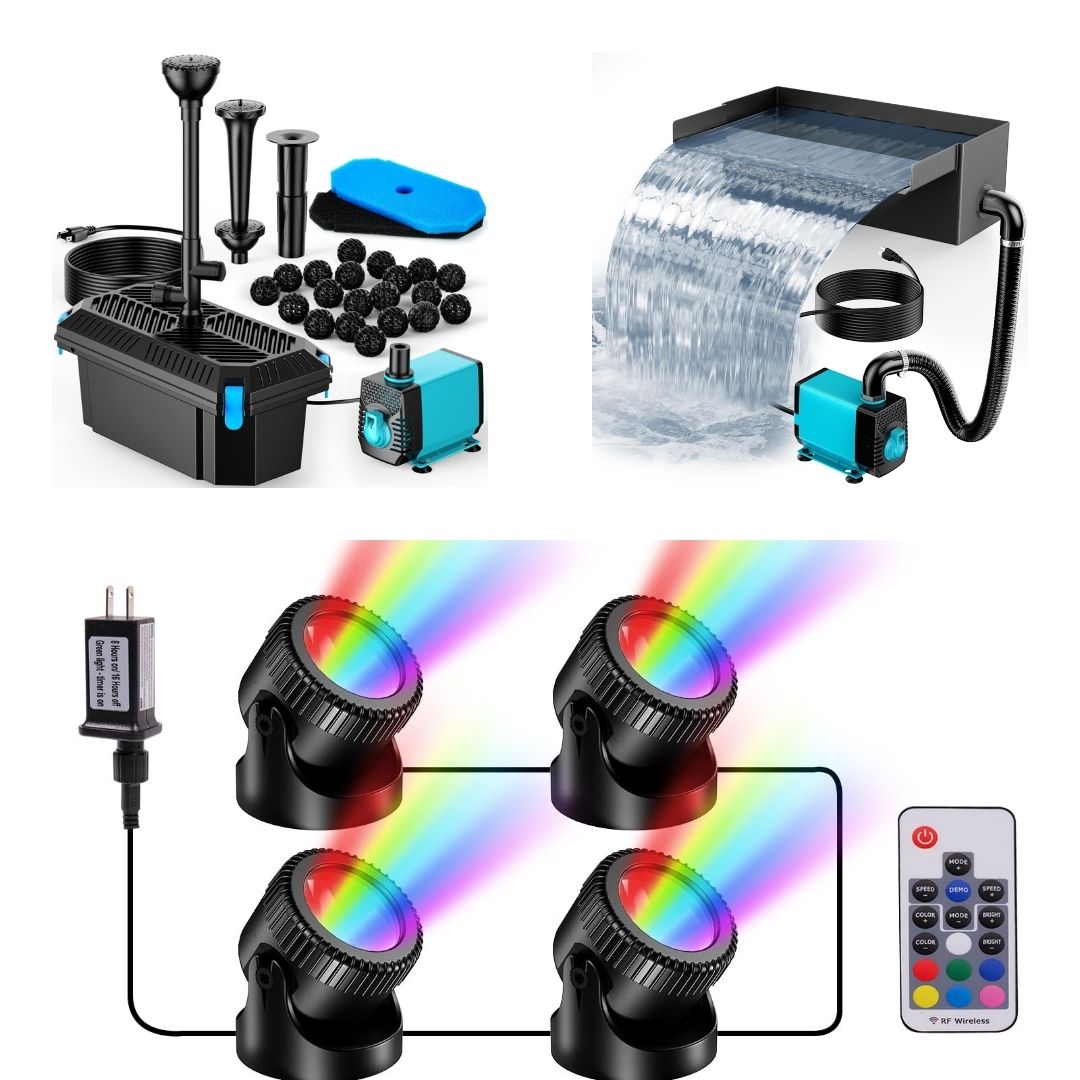 Ensemble de décoration pour bassin 4 pi x 4 pi | Filtre, cascade et éclairage 3 en 1