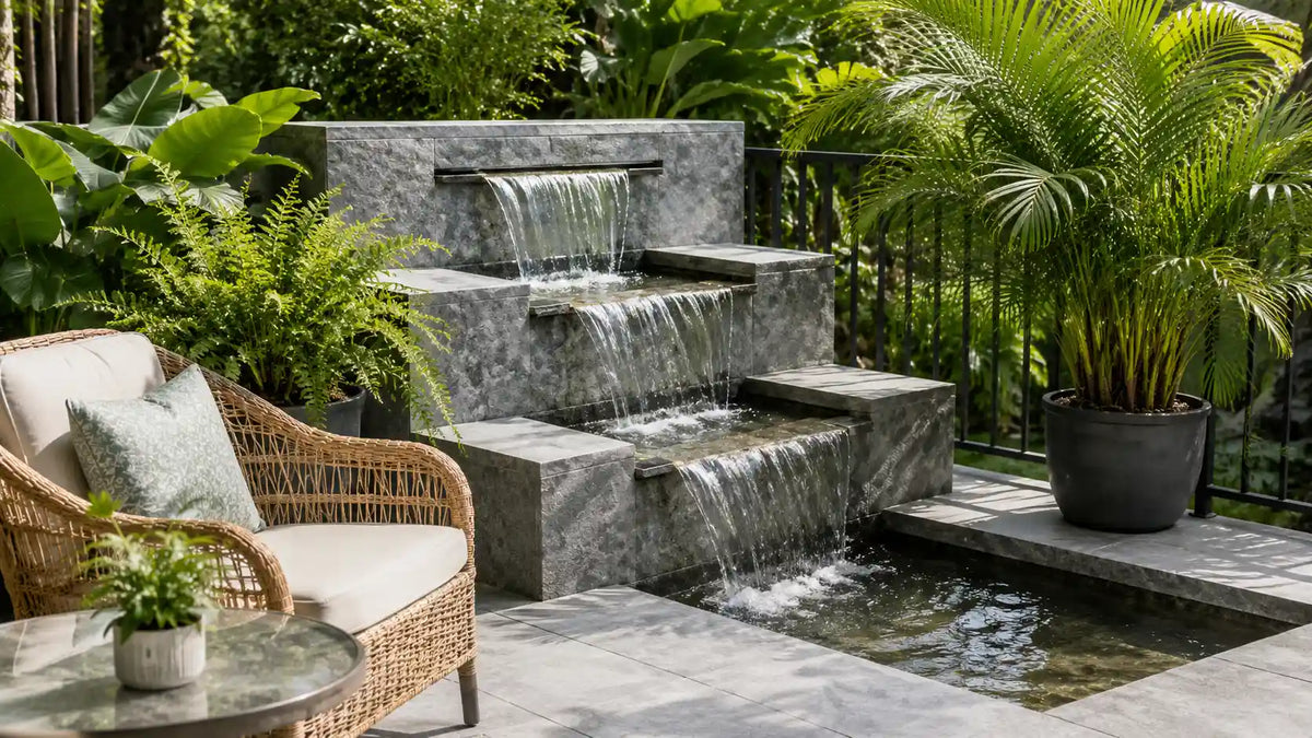 Cascade solaire en pierre en gradins avec une végétation luxuriante, un coin salon confortable pour des moments de détente en plein air.