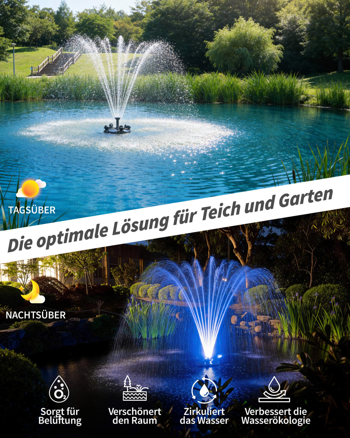 Fontaine de bassin flottante & aération 6000 l/h, kit complet