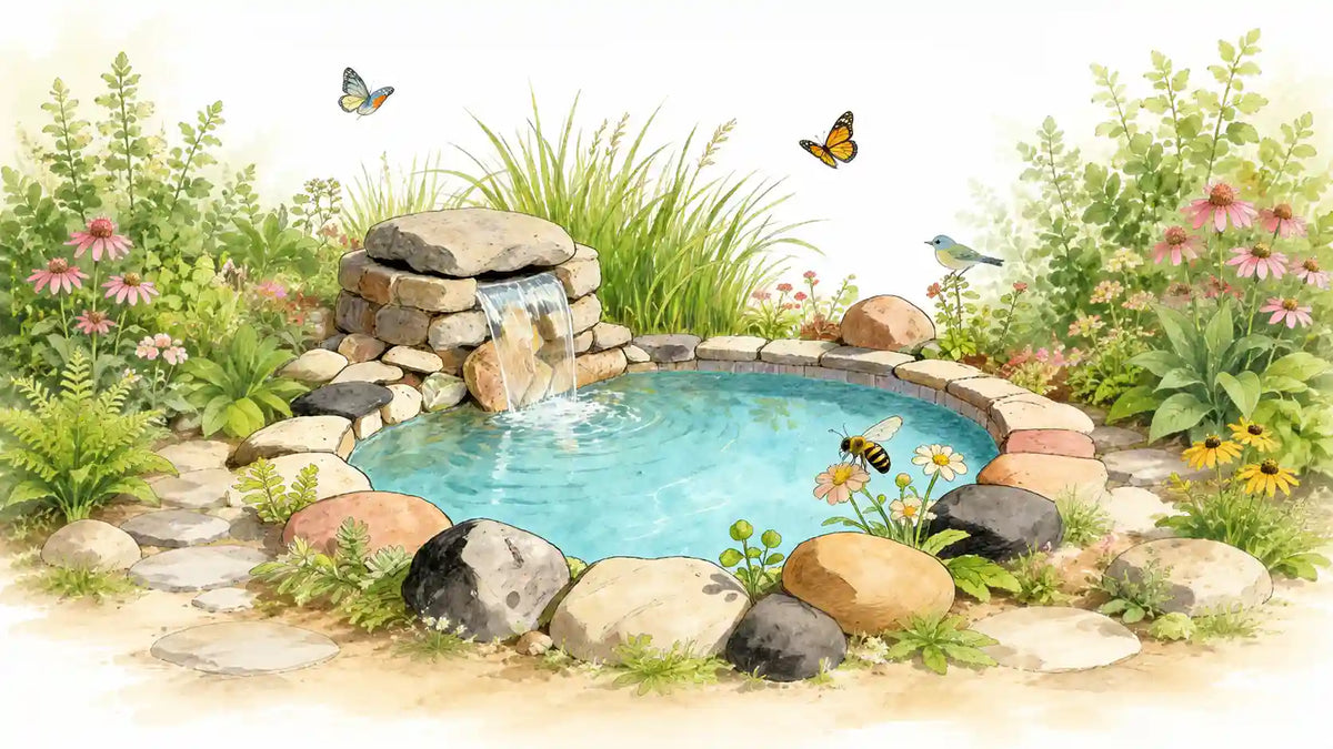 Bassin à koï avec rochers et cascade, entouré de plantes de jardin luxuriantes
