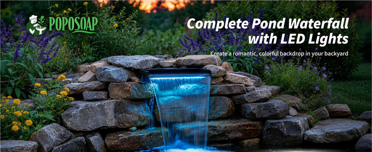 All-in-one LED lit pond small waterfall kit, vibrant colored lighting builds dreamy romantic night scenery for natural rock backyard landscapes.