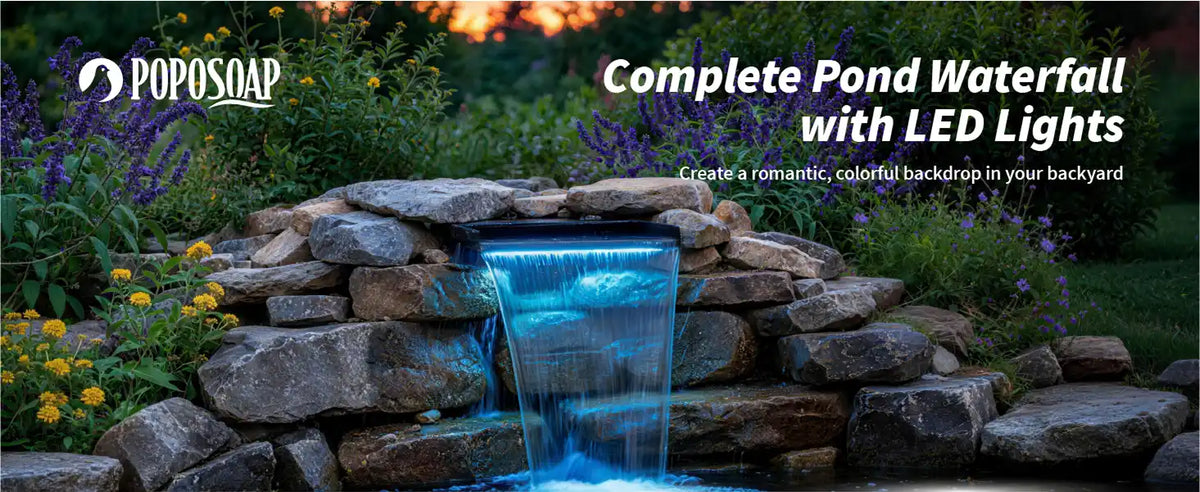 All-in-one LED lit pond small waterfall kit, vibrant colored lighting builds dreamy romantic night scenery for natural rock backyard landscapes.